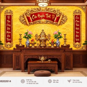Tranh dán tường phòng thờ cửu huyền thất tổ hoa sen vàng pt69202614