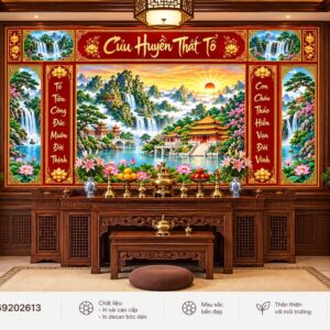 Tranh dán tường phòng thờ cửu huyền thất tổ phong cảnh sơn thủy pt69202613