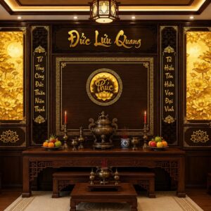 Tranh dán tường phòng thờ đức lưu quang hoa sen trăng vàng pt2920266