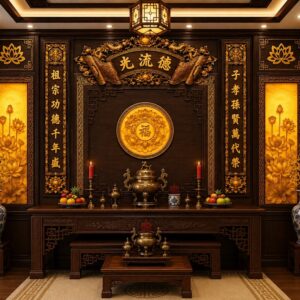Tranh dán tường phòng thờ gỗ nâu ánh kim pt29202611