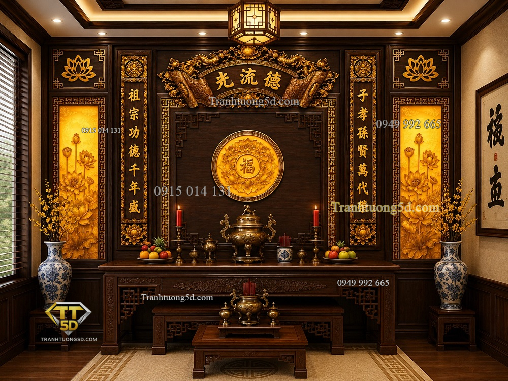 Tranh dán tường phòng thờ gỗ nâu ánh kim pt29202611