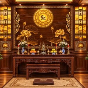 Tranh dán tường phòng thờ hoa sen chữ phật màu vàng sang trọng – pt12920262