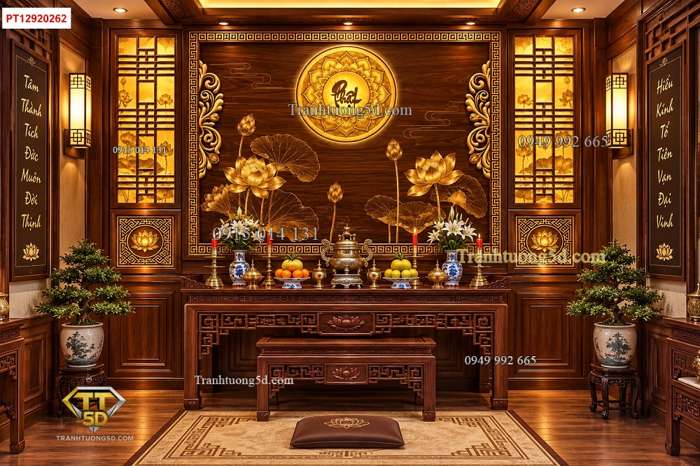 Tranh dán tường phòng thờ hoa sen chữ phật màu vàng sang trọng – pt12920262