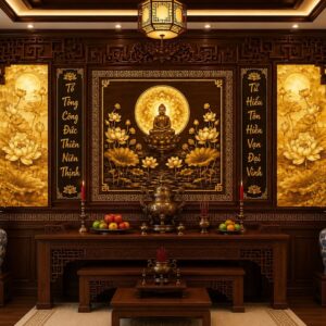 Tranh dán tường phòng thờ phật tọa đài sen ánh kim pt2920265