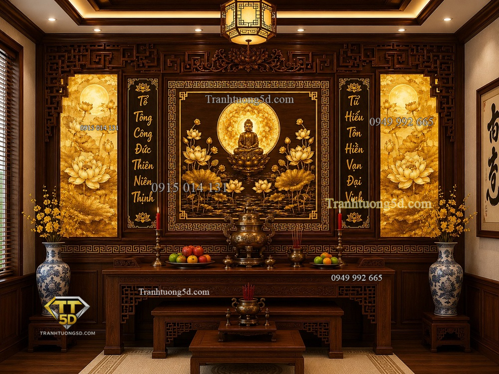 Tranh dán tường phòng thờ phật tọa đài sen ánh kim pt2920265