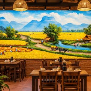 Tranh dán tường quán ăn cánh đồng lúa vàng miền quê thanh bình dq4920262