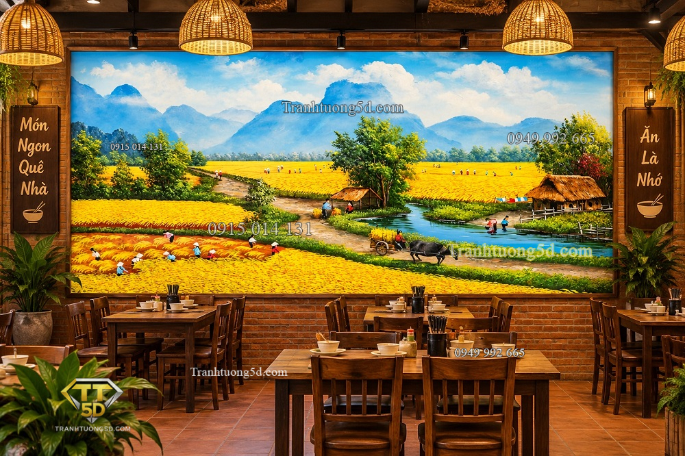 Tranh dán tường quán ăn cánh đồng lúa vàng miền quê thanh bình dq4920262