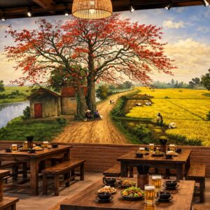 Tranh dán tường quán bia phong cảnh đồng quê cây gạo cổ thụ và cánh đồng lúa dq4920264