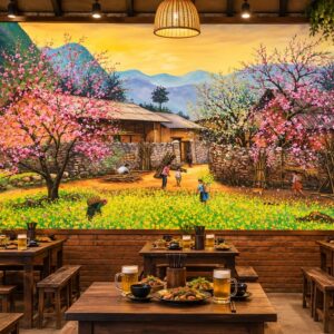 Tranh dán tường quán bia phong cảnh làng quê tây bắc hoa đào mùa xuân dq4920265