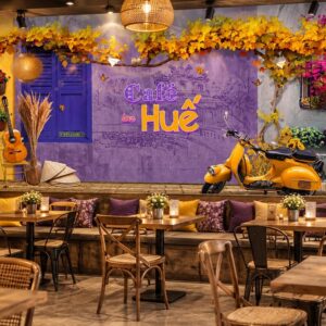 Tranh dán tường quán cafe huế phong cách vintage phố cổ hoa giấy xe vespa – bp-34854