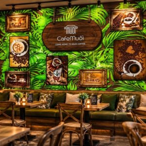 Tranh dán tường quán cafe muối phong cách tropical lá xanh cà phê vintage – 40935
