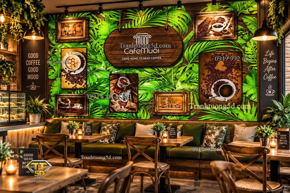 Tranh dán tường quán cafe muối phong cách tropical lá xanh cà phê vintage – 40935