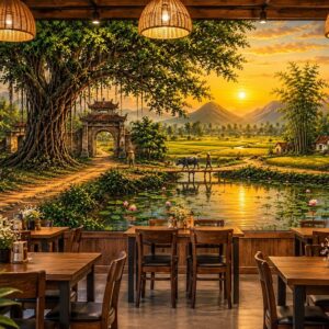 Tranh dán tường quán cafe phong cảnh làng quê hoàng hôn cây đa cổng làng dq24620266