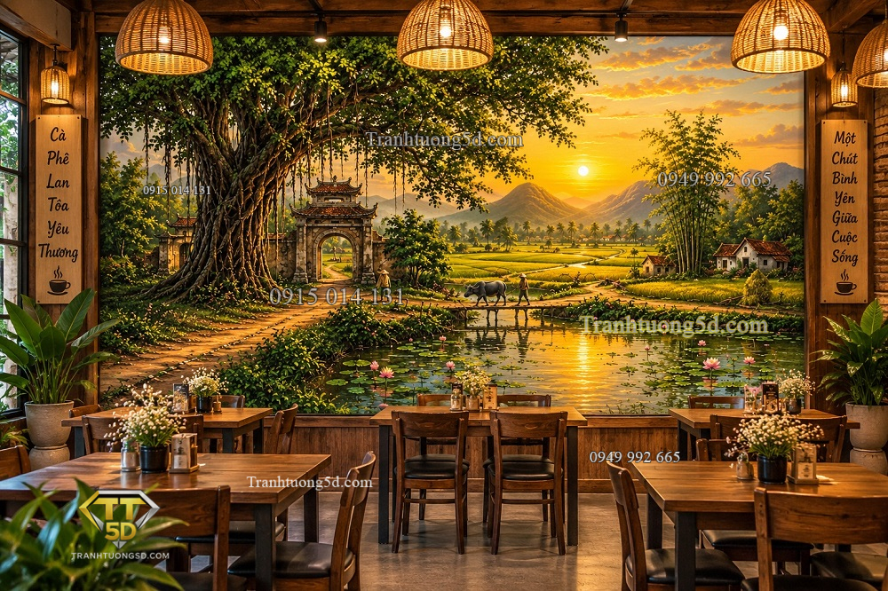 Tranh dán tường quán cafe phong cảnh làng quê hoàng hôn cây đa cổng làng dq24620266