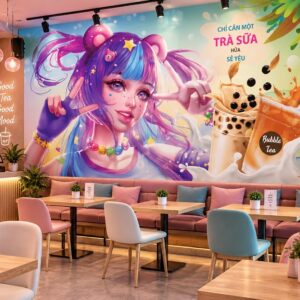 Tranh dán tường quán cafe trà sữa anime cô gái hoạt hình đầy màu sắc – 41772