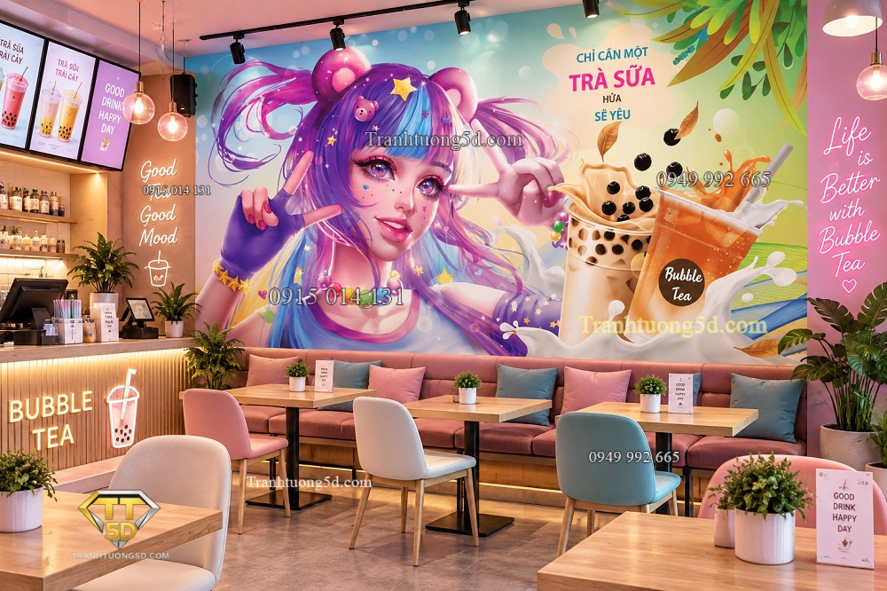 Tranh dán tường quán cafe trà sữa anime cô gái hoạt hình đầy màu sắc – 41772
