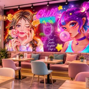 Tranh dán tường quán cafe trà sữa anime cô gái neon chill vibes cá tính – 41802