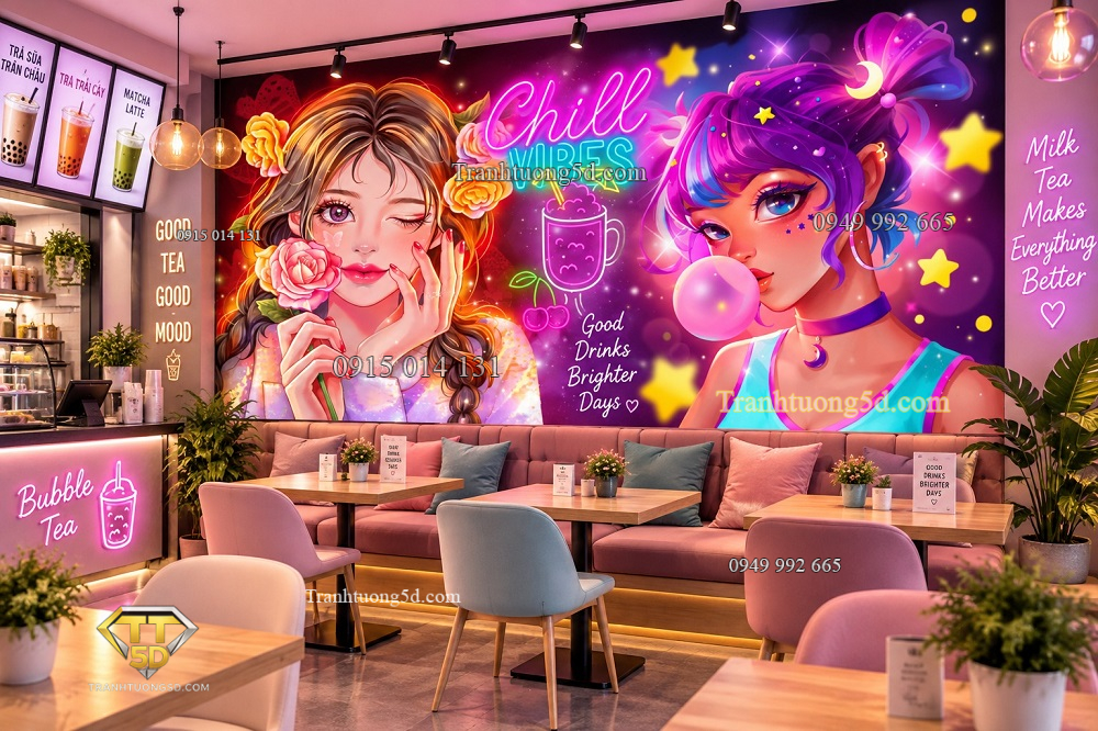 Tranh dán tường quán cafe trà sữa anime cô gái neon chill vibes cá tính – 41802