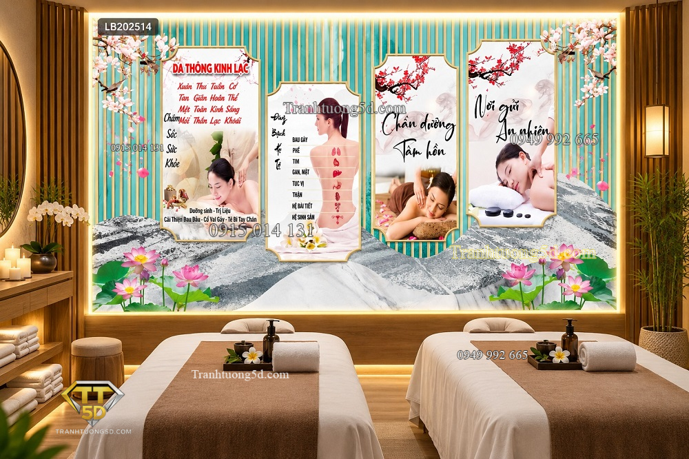 Tranh dán tường spa dưỡng sinh chăm sóc sức khỏe phong cách á đông hoa sen lb202514