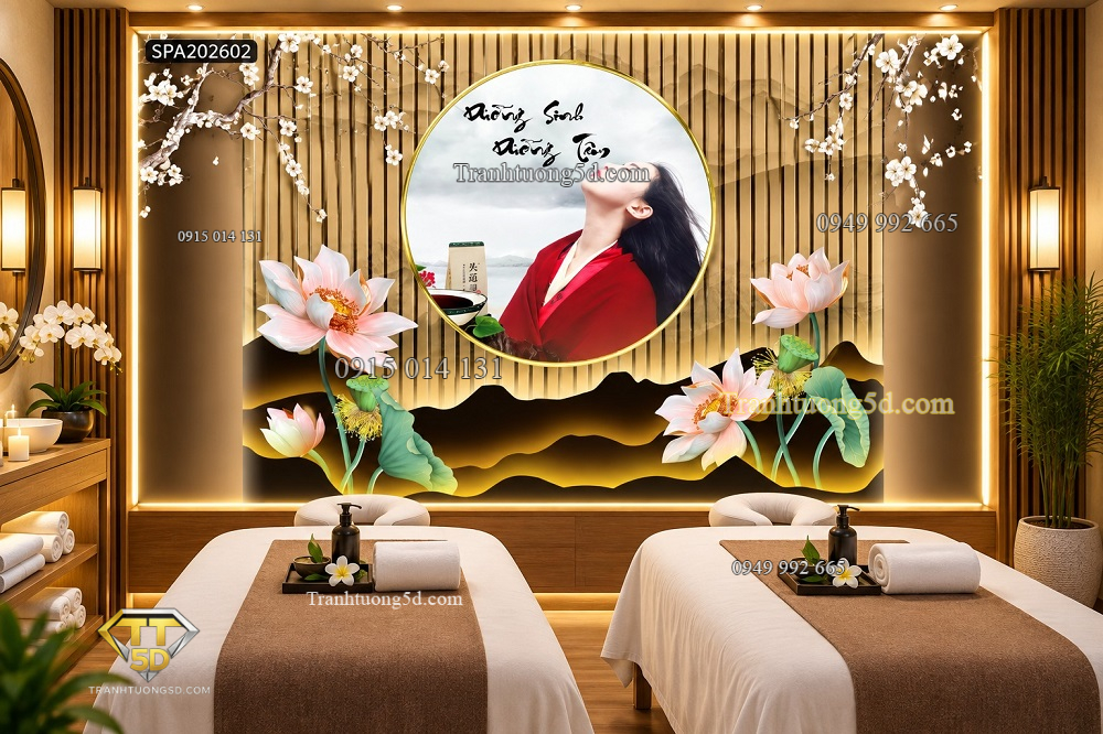 Tranh dán tường spa dưỡng sinh dưỡng tâm hoa sen phong cảnh á đông spa202602