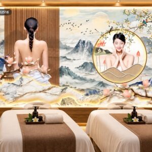 Tranh dán tường spa hoa sen người đẹp phong cảnh sơn thủy thư giãn sang trọng lb202516