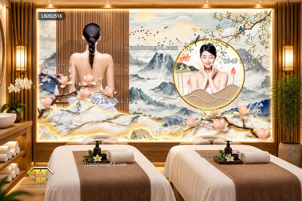 Tranh dán tường spa hoa sen người đẹp phong cảnh sơn thủy thư giãn sang trọng lb202516