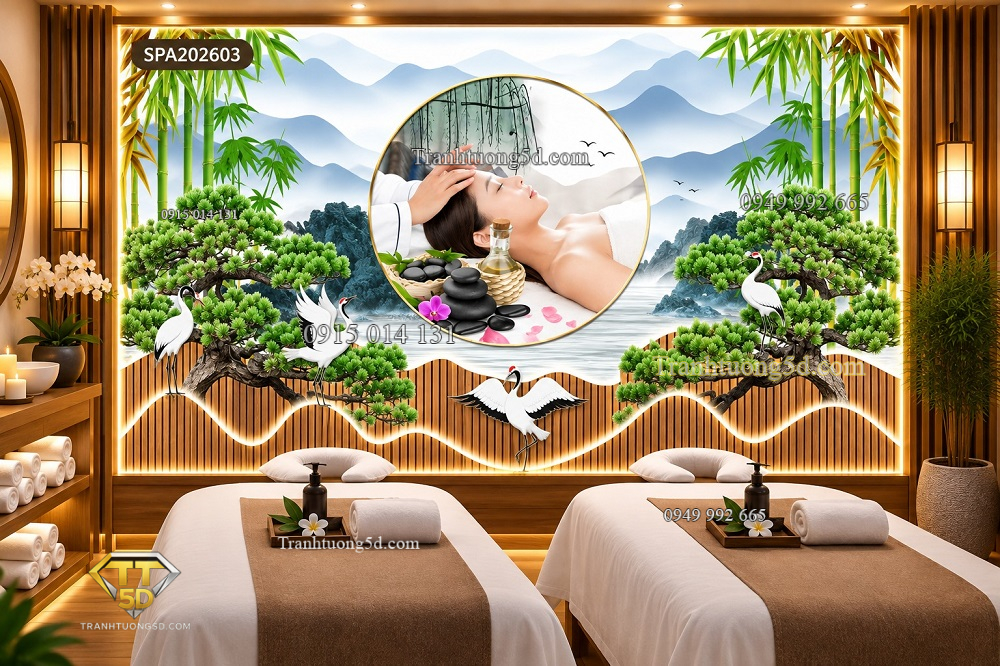 Tranh dán tường spa massage dưỡng sinh phong cảnh sơn thủy cây tùng hạc tiên spa202603