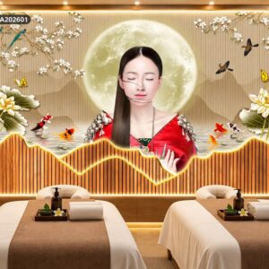 Tranh dán tường spa thiền định thư giãn hoa sen cá chép phong cảnh á đông spa202601