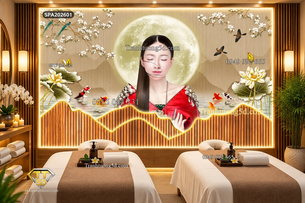 Tranh dán tường spa thiền định thư giãn hoa sen cá chép phong cảnh á đông spa202601