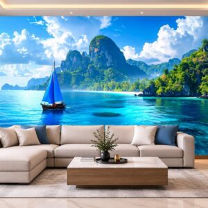Tranh dán tường thuận buồm xuôi gió thuyền buồm biển xanh núi non phòng khách ab2119712093