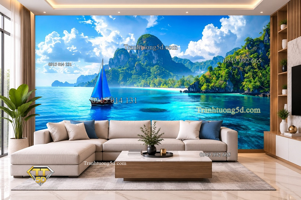 Tranh dán tường thuận buồm xuôi gió thuyền buồm biển xanh núi non phòng khách ab2119712093