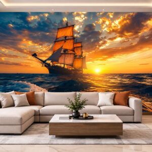 Tranh dán tường thuận buồm xuôi gió thuyền buồm cổ điển hoàng hôn phòng khách ab816000351
