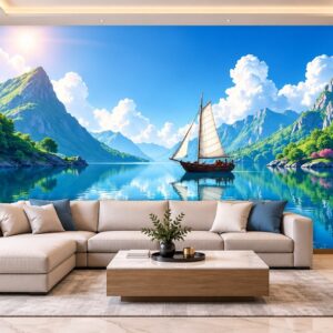 Tranh dán tường thuận buồm xuôi gió thuyền buồm giữa núi non phòng khách ab1430358782