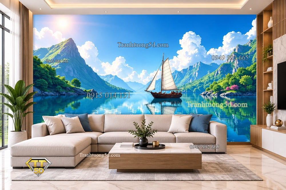 Tranh dán tường thuận buồm xuôi gió thuyền buồm giữa núi non phòng khách ab1430358782