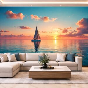 Tranh dán tường thuận buồm xuôi gió thuyền buồm hoàng hôn biển êm đềm phòng khách ab1013381954