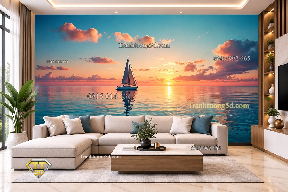 Tranh dán tường thuận buồm xuôi gió thuyền buồm hoàng hôn biển êm đềm phòng khách ab1013381954