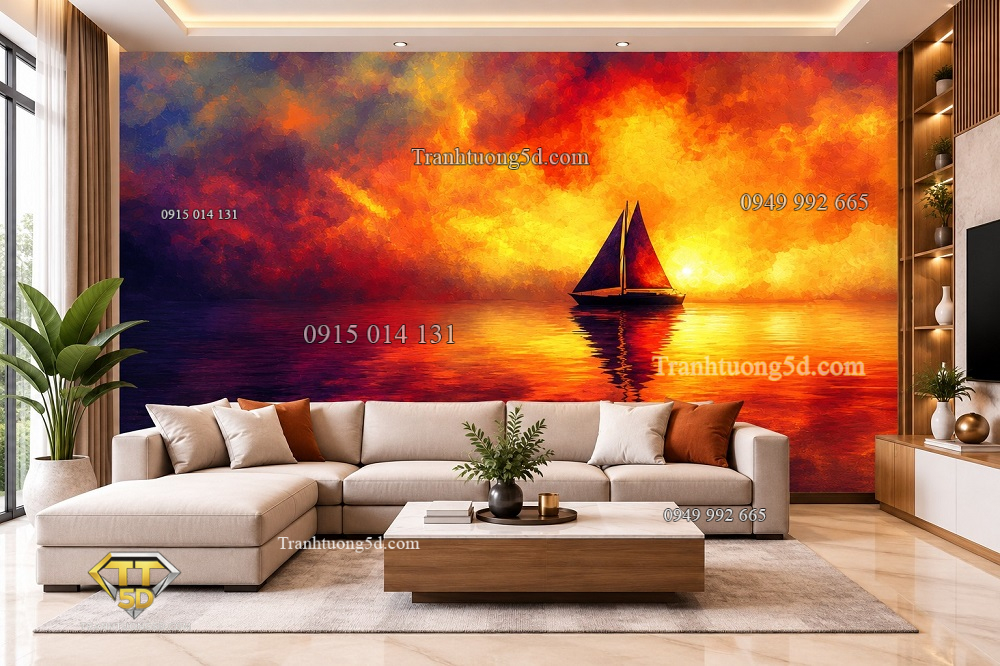 Tranh dán tường thuận buồm xuôi gió thuyền buồm hoàng hôn đỏ cam phòng khách ab1115756965