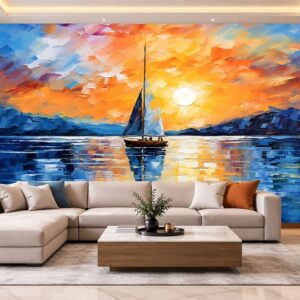 Tranh dán tường thuận buồm xuôi gió thuyền buồm hoàng hôn sơn dầu phòng khách ab806002433