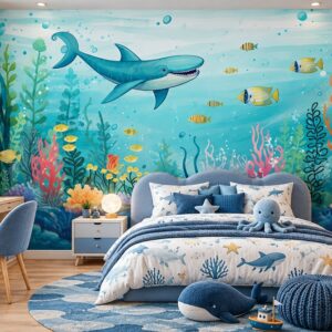 Tranh dán tường trẻ em cá mập đại dương san hô cá nhiệt đới phòng bé trai ab655973385