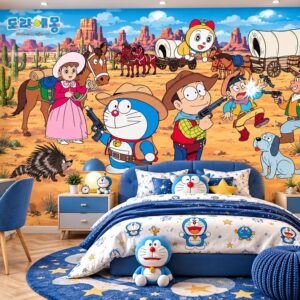 Tranh dán tường trẻ em doraemon cao bồi miền tây phiêu lưu phòng bé wp2589934