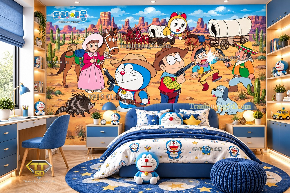 Tranh dán tường trẻ em doraemon cao bồi miền tây phiêu lưu phòng bé wp2589934