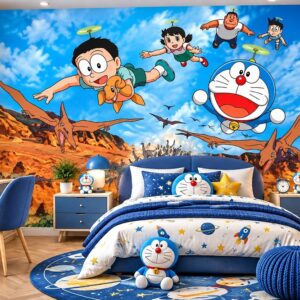Tranh dán tường trẻ em doraemon khám phá thế giới khủng long phòng bé p9slfq