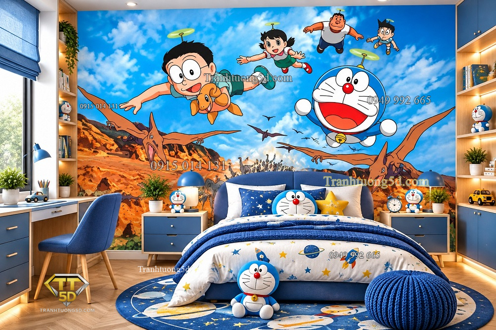 Tranh dán tường trẻ em doraemon khám phá thế giới khủng long phòng bé p9slfq