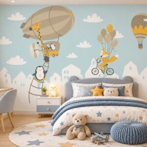 Tranh dán tường trẻ em khinh khí cầu cáo hươu hành trình phiêu lưu phòng bé ab195196921