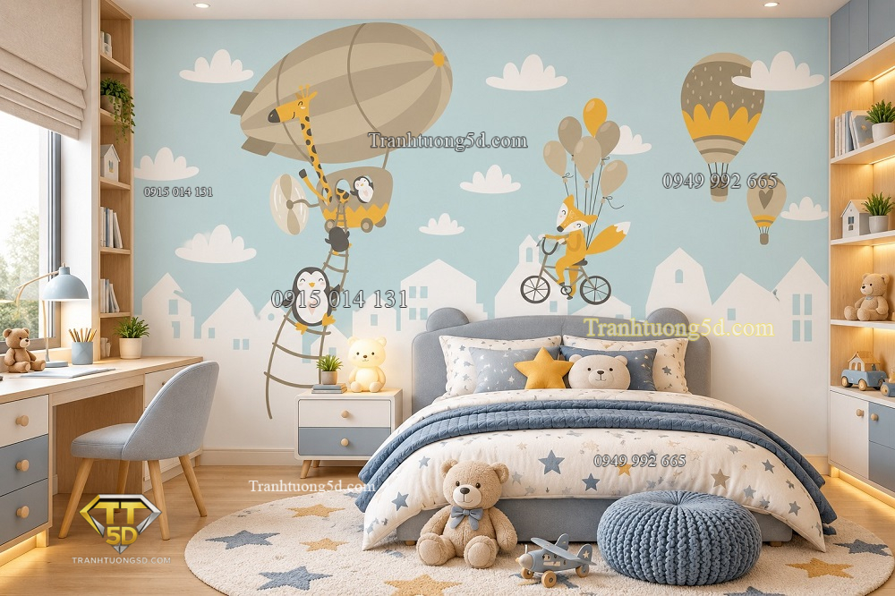 Tranh dán tường trẻ em khinh khí cầu cáo hươu hành trình phiêu lưu phòng bé ab195196921