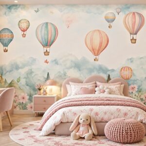 Tranh dán tường trẻ em khinh khí cầu núi hoa pastel phòng bé gái ab708373045