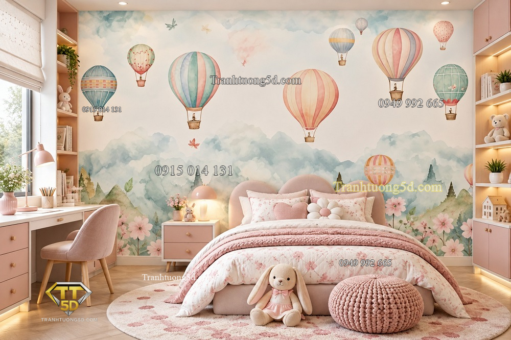 Tranh dán tường trẻ em khinh khí cầu núi hoa pastel phòng bé gái ab708373045 Tranh dán tường trẻ em khinh khí cầu núi hoa pastel phòng bé gái ab708373045