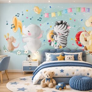 Tranh dán tường trẻ em voi ngựa vằn hươu cao cổ âm nhạc phòng bé trai ab450514307
