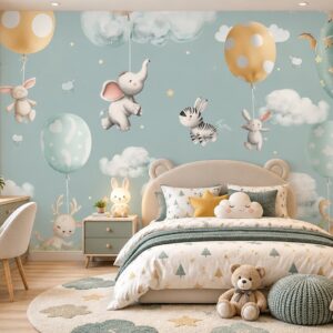 Tranh dán tường trẻ em voi thỏ ngựa vằn khinh khí cầu phòng bé ab898093710