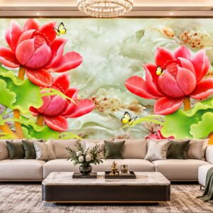 Tranh giả ngọc dán tường hoa sen đỏ nghệ thuật phòng khách 34590
